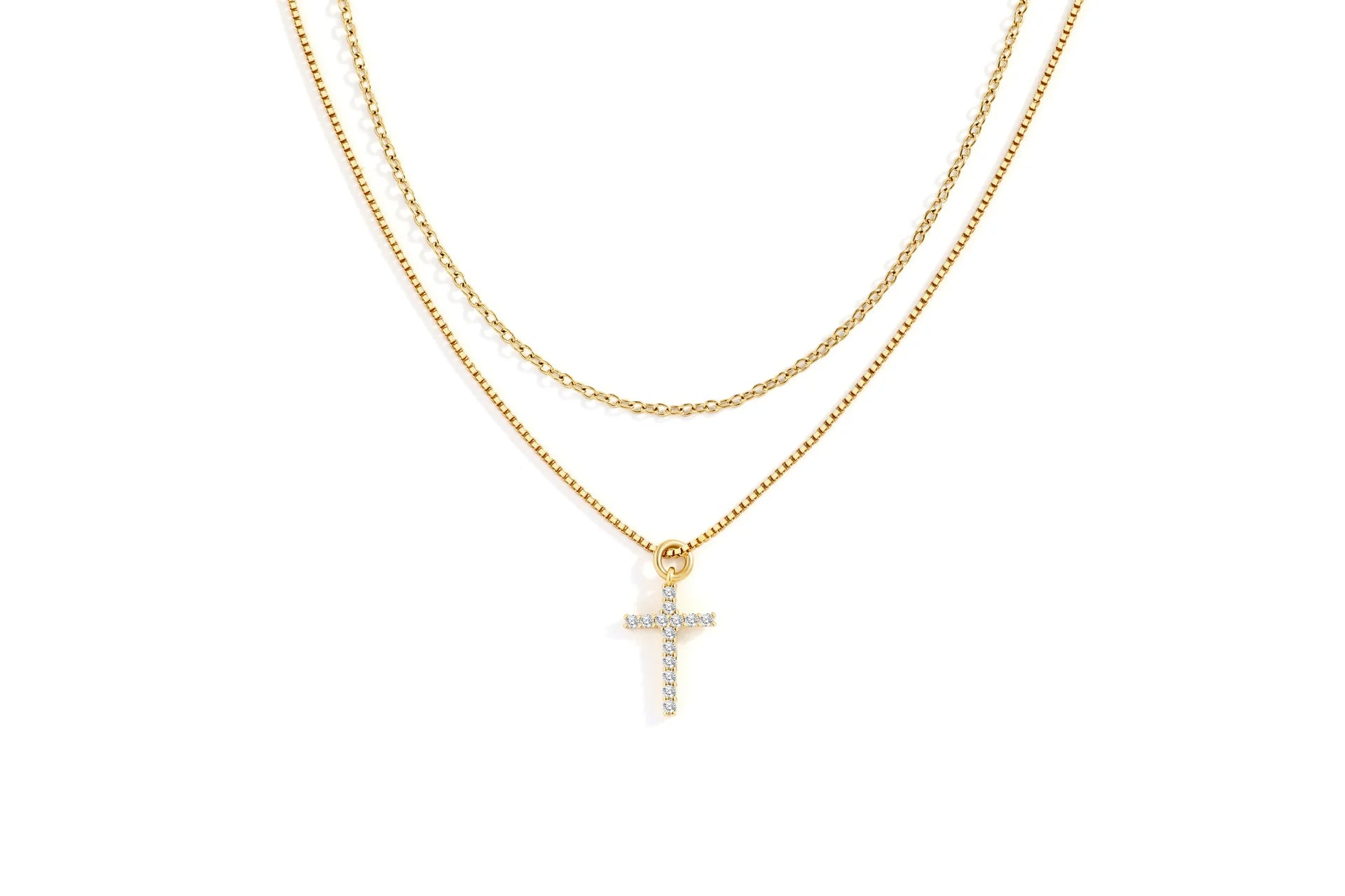 Dainty Cable Necklace with Pave Cross Chain Necklace Stacking Set
